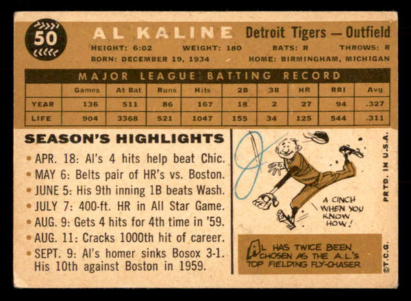 1960 Topps Baseball #050 Al Kaline Tigers Good ink back 548859