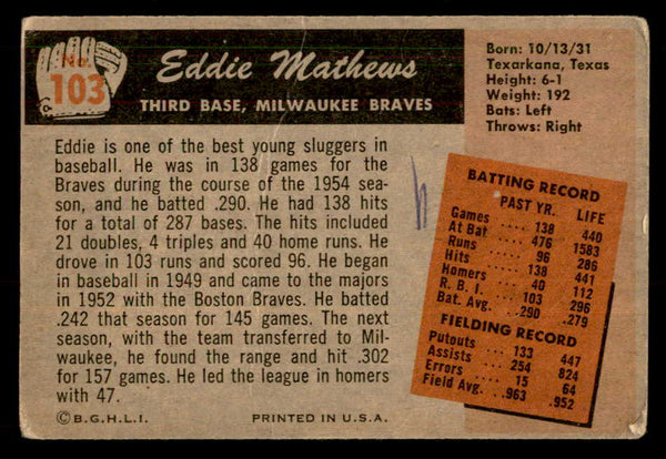 1955 Bowman Baseball #103 Eddie Mathews Braves Good ink back 548868