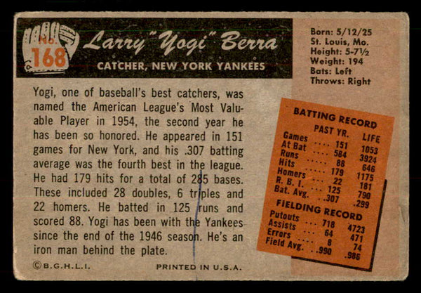1955 Bowman Baseball #168 Yogi Berra Yankees Good ink back 548869