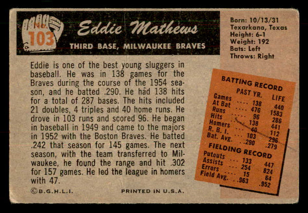 1955 Bowman Baseball #103 Eddie Mathews Braves Good ink back 548870