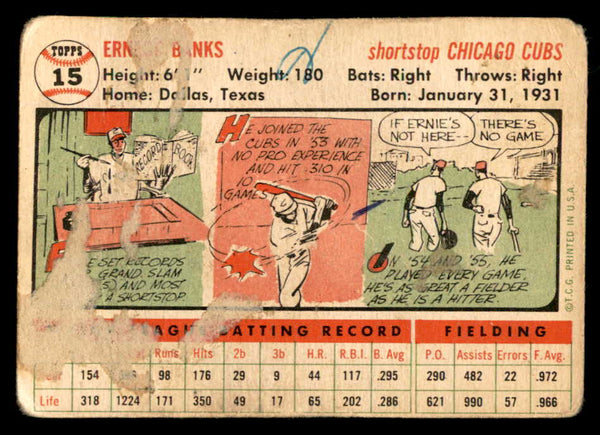 1956 Topps Baseball #015 Ernie Banks Cubs Good ink front residue back 548879