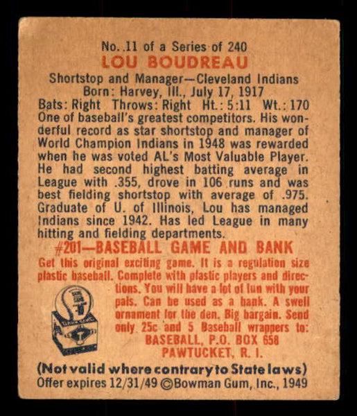 1949 Bowman Baseball #011 Lou Boudreau Indians VG-EX 548902