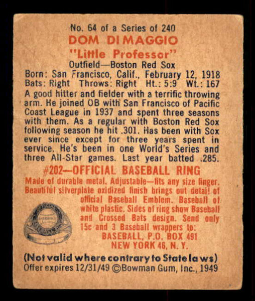 1949 Bowman Baseball #064 Dom DiMaggio Red Sox VG 548946