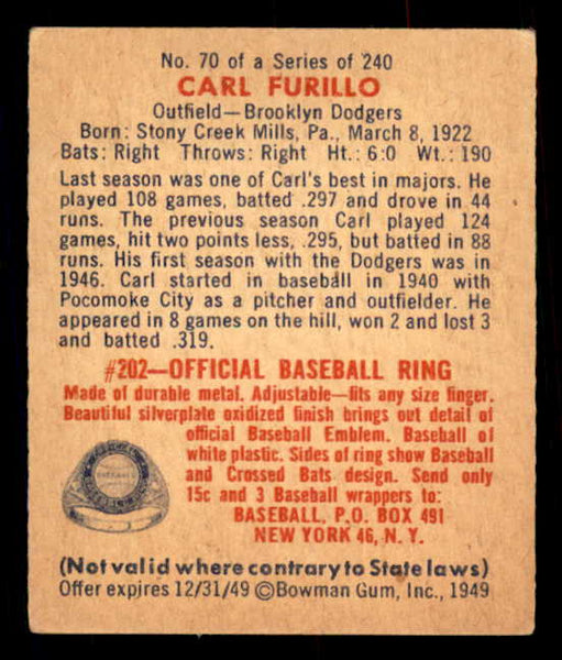 1949 Bowman Baseball #070 Carl Furillo Dodgers EX 548952