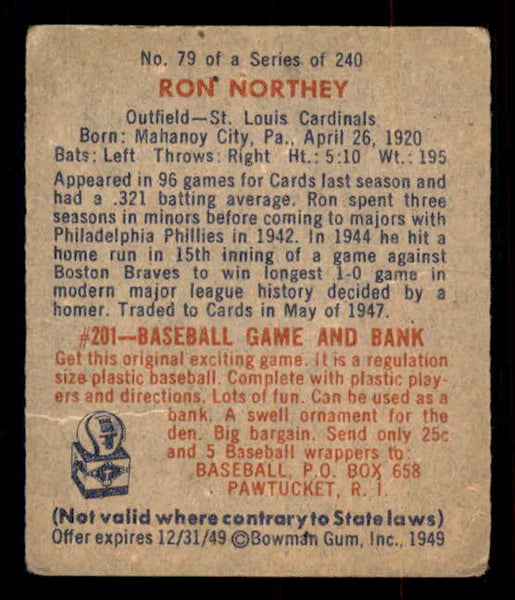 1949 Bowman Baseball #079 Ron Northey Cardinals VG 548961