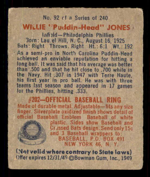 1949 Bowman Baseball #092 Willie Jones Phillies VG-EX 548973