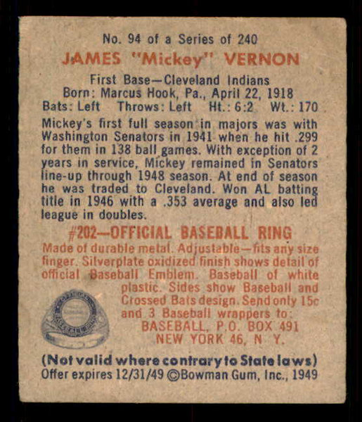1949 Bowman Baseball #094 Mickey Vernon Indians EX 548975