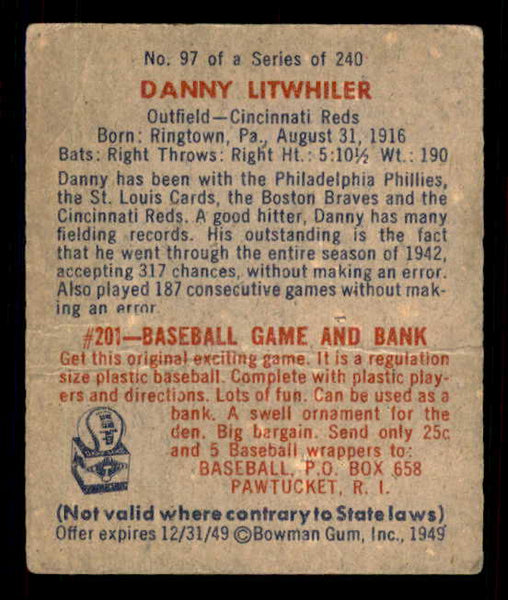1949 Bowman Baseball #097 Danny Litwhiler Reds VG 548978