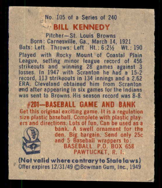 1949 Bowman Baseball #105 Bill Kennedy Browns NR-MT 548985