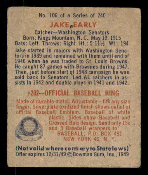 1949 Bowman Baseball #106 Jake Early Senators VG-EX 548986