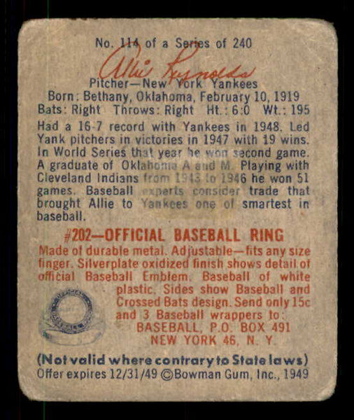 1949 Bowman Baseball #114 Allie Reynolds Yankees VG 548993