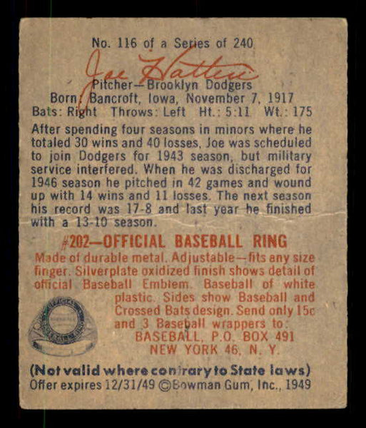 1949 Bowman Baseball #116 Joe Hatten Dodgers VG 548995