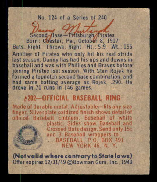1949 Bowman Baseball #124 Danny Murtaugh Pirates EX Script 549003