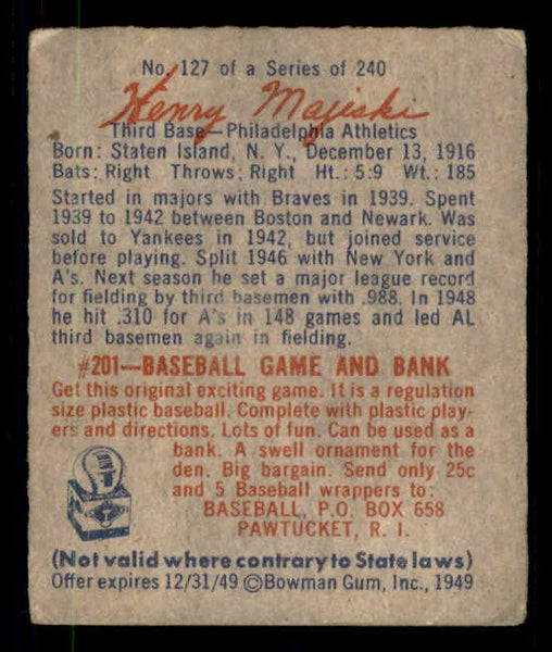 1949 Bowman Baseball #127 Henry Majeski A's Good Script 549005