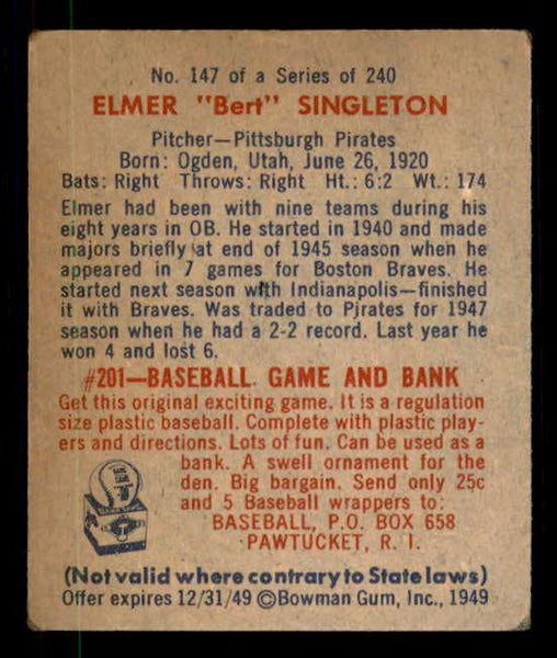 1949 Bowman Baseball #147 Bert Singleton Pirates VG-EX 549023