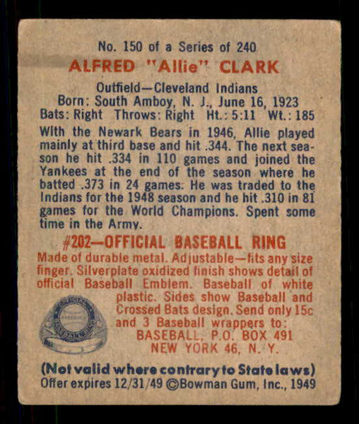 1949 Bowman Baseball #150 Allie Clark Indians VG-EX 549026