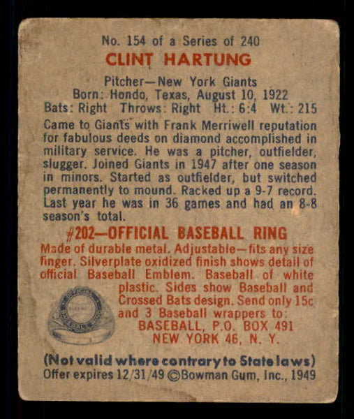 1949 Bowman Baseball #154 Clint Hartung Giants VG-EX 549030