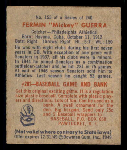 1949 Bowman Baseball #155 Mickey Guerra A's VG-EX 549031