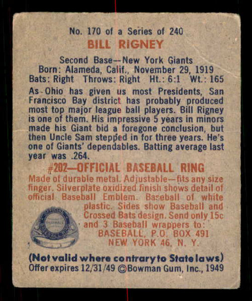 1949 Bowman Baseball #170 Bill Rigney Giants VG 549045
