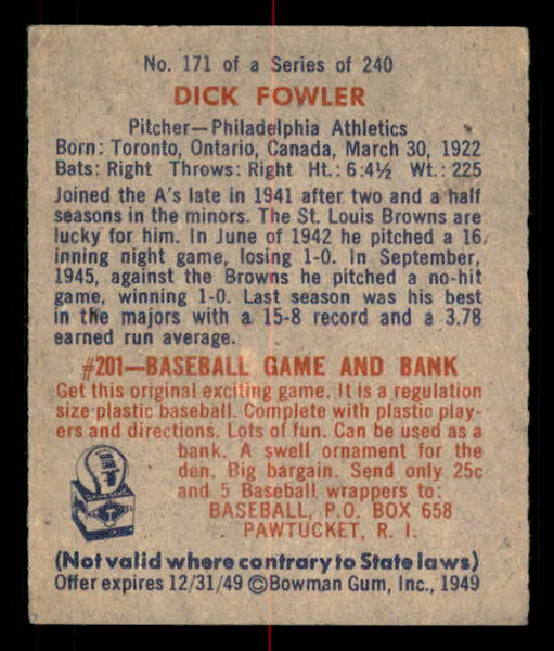 1949 Bowman Baseball #171 Dick Fowler A's VG 549046