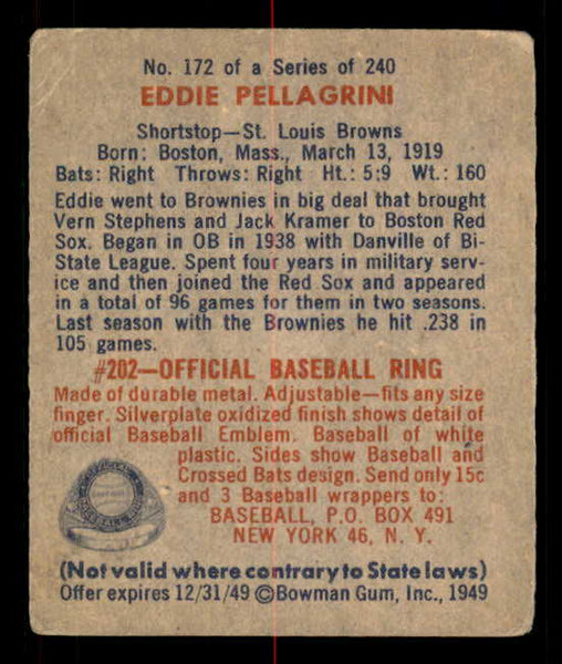 1949 Bowman Baseball #172 Eddie Pellagrini Browns VG-EX 549047