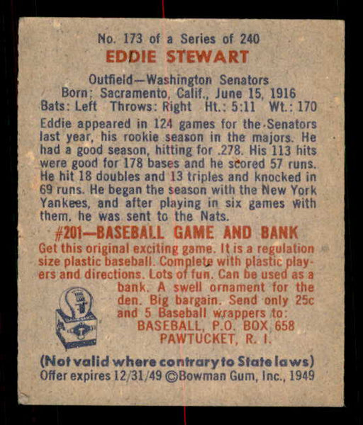 1949 Bowman Baseball #173 Eddie Stewart Senators EX 549048