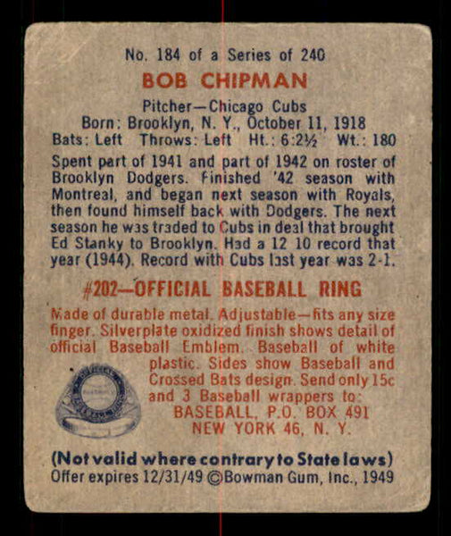 1949 Bowman Baseball #184 Bob Chipman Cubs VG-EX 549058