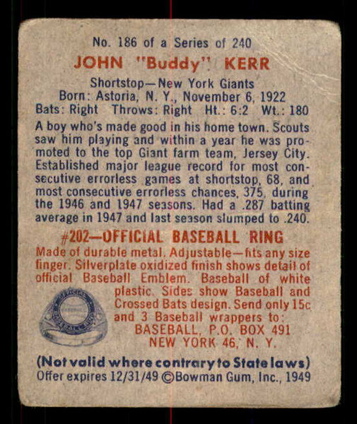 1949 Bowman Baseball #186 Buddy Kerr Giants VG 549060