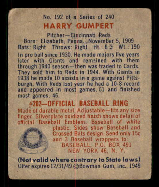 1949 Bowman Baseball #192 Harry Gumbert Reds VG-EX 549066