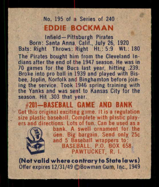 1949 Bowman Baseball #195 Eddie Bockman Pirates EX-MT 549069