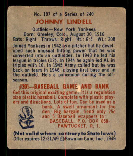 1949 Bowman Baseball #197 Johnny Lindell Yankees VG-EX 549071