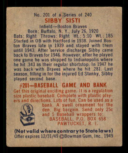 1949 Bowman Baseball #201 Sibby Sisti Braves EX 549075