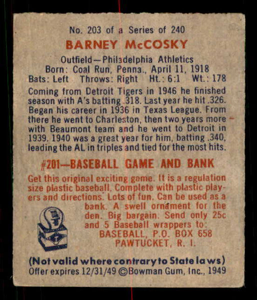 1949 Bowman Baseball #203 Barney Mccosky A's VG-EX 549077
