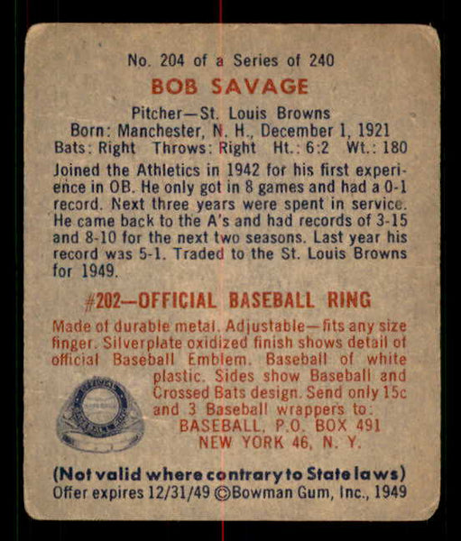 1949 Bowman Baseball #204 Bob Savage Browns VG 549078