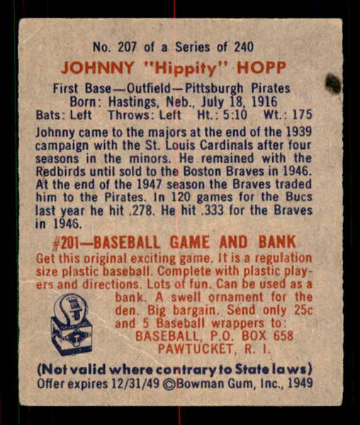1949 Bowman Baseball #207 Johnny Hopp Pirates VG-EX 549081
