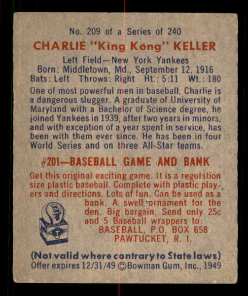1949 Bowman Baseball #209 Charlie Keller Yankees EX 549083