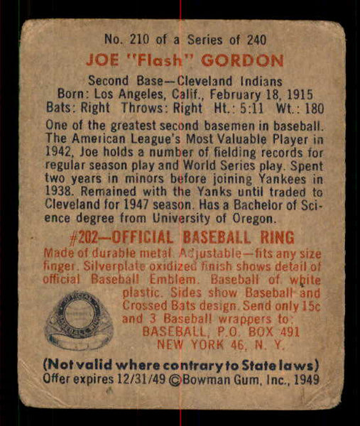 1949 Bowman Baseball #210 Joe Gordon Indians VG 549084