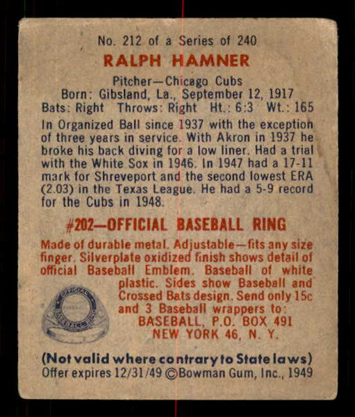 1949 Bowman Baseball #212 Ralph Hamner Cubs VG-EX 549085
