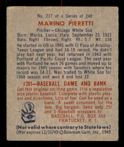 1949 Bowman Baseball #217 Marino Pieretti White Sox EX 549089