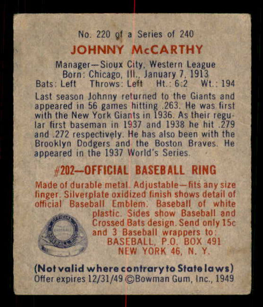 1949 Bowman Baseball #220 Johnny McCarthy Giants VG-EX 549092