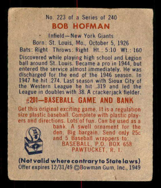 1949 Bowman Baseball #223 Bob Hofman Giants VG-EX 549095