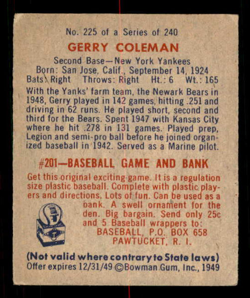 1949 Bowman Baseball #225 Jerry Coleman Yankees EX 549096