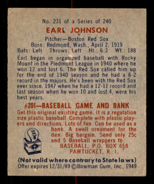 1949 Bowman Baseball #231 Earl Johnson Red Sox NR-MT 549100