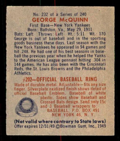 1949 Bowman Baseball #232 George McQuinn Yankees NR-MT 549101