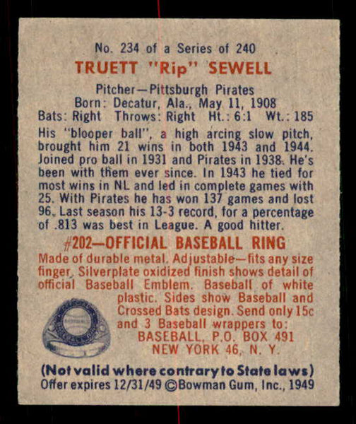 1949 Bowman Baseball #234 Rip Sewell Pirates NR-MT 549102