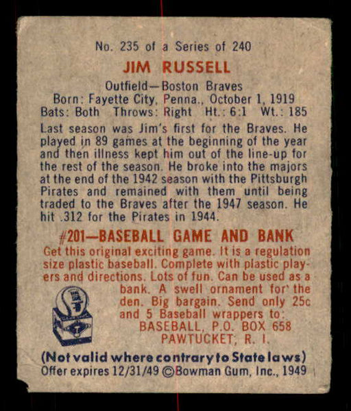 1949 Bowman Baseball #235 Jim Russell Braves VG-EX 549103