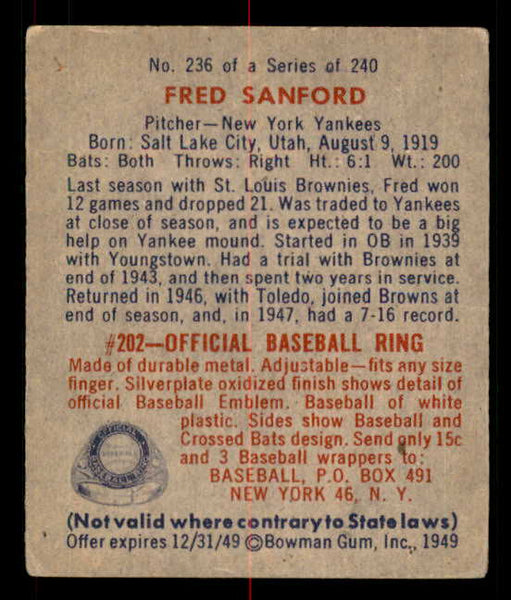 1949 Bowman Baseball #236 Fred Sanford Yankees EX 549104