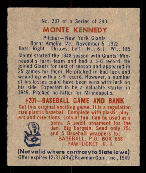 1949 Bowman Baseball #237 Monte Kennedy Giants Good 549105