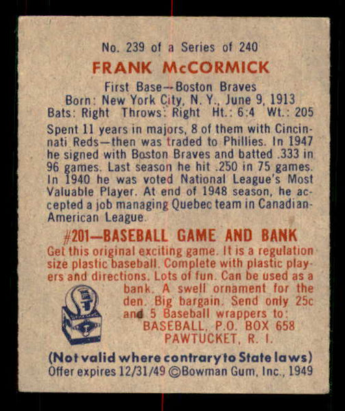 1949 Bowman Baseball #239 Frank McCormick Braves EX-MT 549106