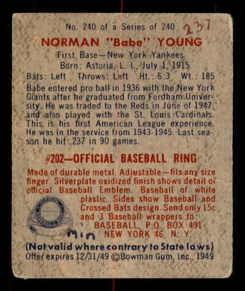 1949 Bowman Baseball #240 Babe Young Yankees VG-EX 549107